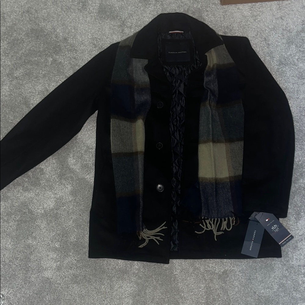 Tommy Hilfiger Black Wool Coat with Plaid Accents